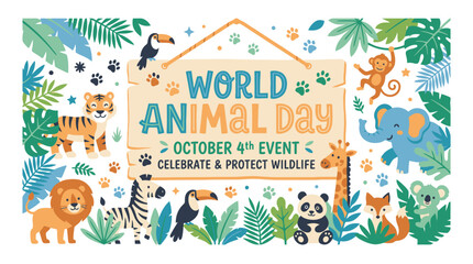 Fototapeta premium World Animal Day celebration banner with cute wild animals and tropical leaves. EPS Editable. Vector Illustrations.