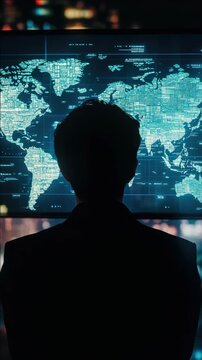Silhouette of a man looking at a high-tech digital world map with data overlays