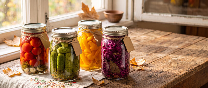 Glass jars with pickled vegetables on rustic wooden windowsill. Autumn home canning of tomatoes, cucumbers, peppers and red cabbage. Harvest preservation and winter stocks concept