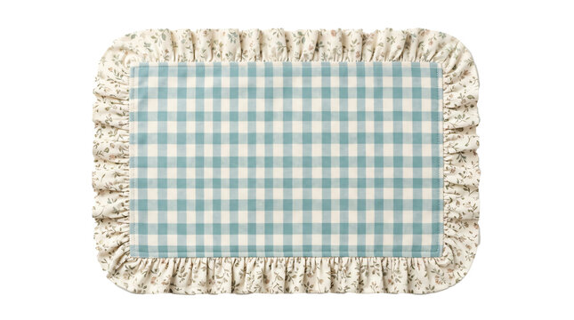 Rectangular fabric placemat featuring blue and white gingham patterns with delicate floral ruffled borders presented isolated on transparent background
