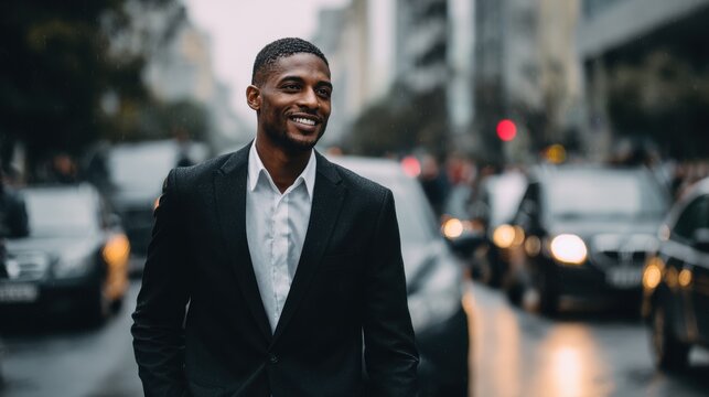 portrait of a handsome smiling young businessman boss in a black suit walking on a city street to his company office. blurry street background, confident