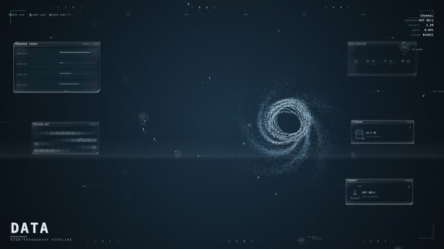 Data pipeline vortex with glowing particle tunnel and throughput