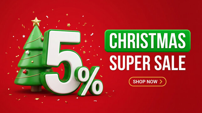 Christmas super sale banner with 5 percent discount, holiday shopping promo with 3D Christmas tree and five percent off sign on red background isolated on White Background