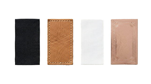 Four rectangular fashion labels made of black fabric brown leather white textile and metallic rose gold material on transparent background