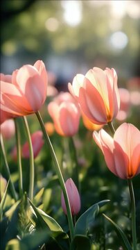 Close-up of Blooming Peach Tulips in a Sunlit Garden