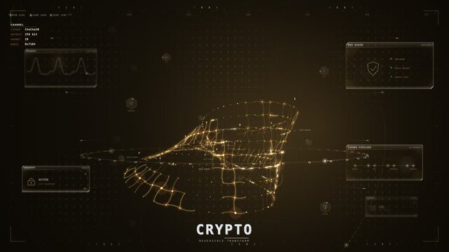 Crypto reversible transform HUD with glowing amber cipher mesh