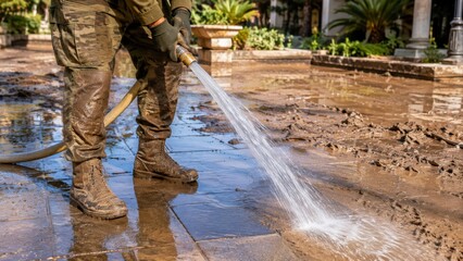 Fototapeta premium Soldier Washing Mud From Pavement With Water Hose