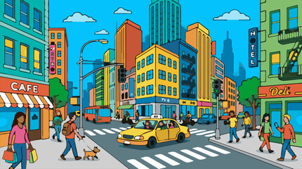 Obraz premium Flat design vector illustration of a busy city street corner with diverse people, cars, and buildings, depicting urban life.