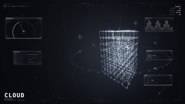 Cloud distributed compute HUD with glowing wireframe grid mesh