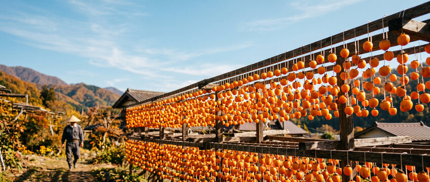 Asian farmer walking near wooden racks with dried persimmons hanging on strings. Traditional harvest preservation and food drying in autumn mountain village. Winter stock concept.