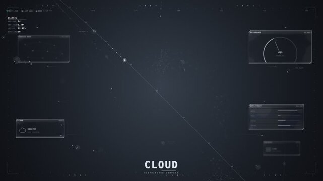 Cloud distributed compute HUD with glowing scattered particle field