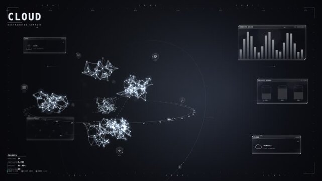 Cloud distributed compute HUD with glowing plexus cloud clusters