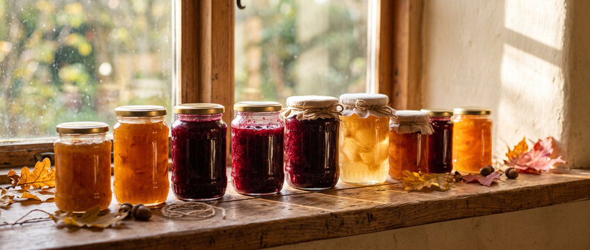 Glass jars with homemade jam and fruit preserves on wooden windowsill. Autumn harvest canning and food preservation. Traditional homemade stock for winter. Rustic still life.