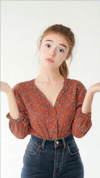 Confused Young Woman Shrugging in a Floral Blouse