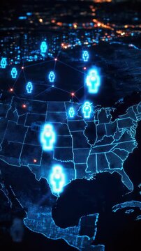 Digital Network of Connected Users on a Glowing Map of North America