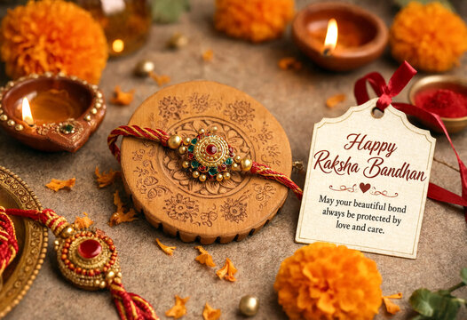 Beautiful rakhi and traditional raksha bandhan decorations with diya candles and flowers on table
