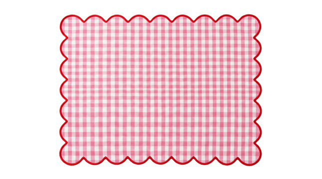 Red and white checkered fabric napkin with scalloped edges featuring a soft woven texture displayed isolated on transparent background