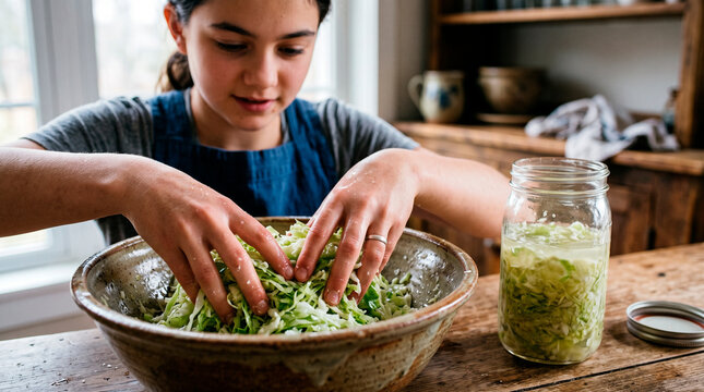 Woman massaging shredded cabbage with salt in bowl for homemade sauerkraut. Fermenting vegetables in glass jar. Traditional home food preservation and healthy nutrition concept.