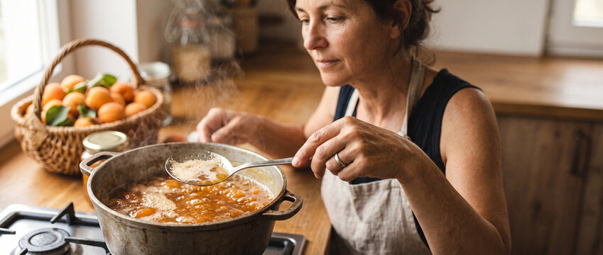 Woman cooking apricot jam in rustic kitchen. Skimming foam from boiling fruit preserve in pot. Homemade food preservation, harvest canning season, traditional family recipe concept
