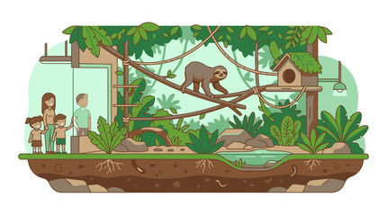 Fototapeta premium Cute cartoon sloth in a zoo enclosure with visitors looking through the glass window. EPS Editable. Vector Illustrations.