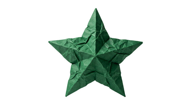 Origami green star made of wrinkled paper features five sharp points crafted with artistic texture presented on transparent background