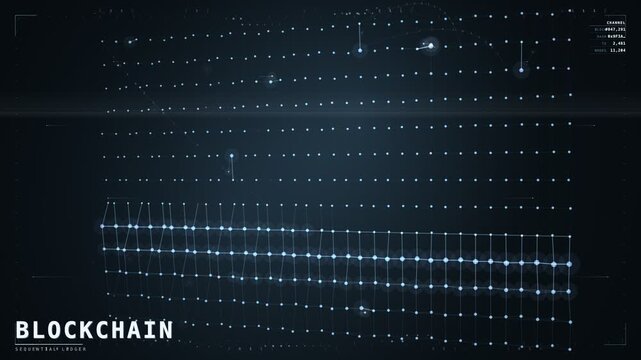 Blue blockchain ledger ribbons with layered dotted network motion