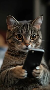 Tabby Cat Holding a Smartphone and Looking at the Screen
