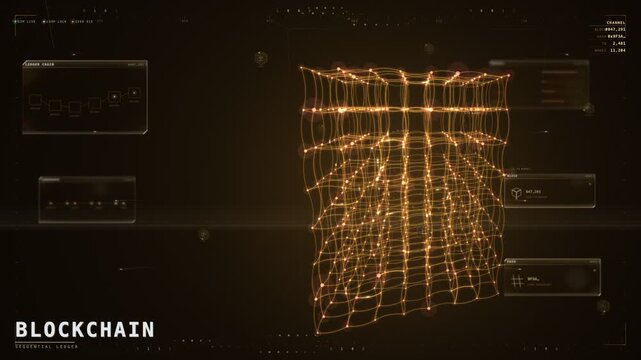 Blockchain sequential ledger HUD with glowing amber chain grid mesh