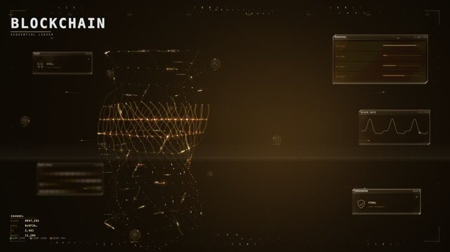 Blockchain sequential ledger HUD with glowing amber chain grid