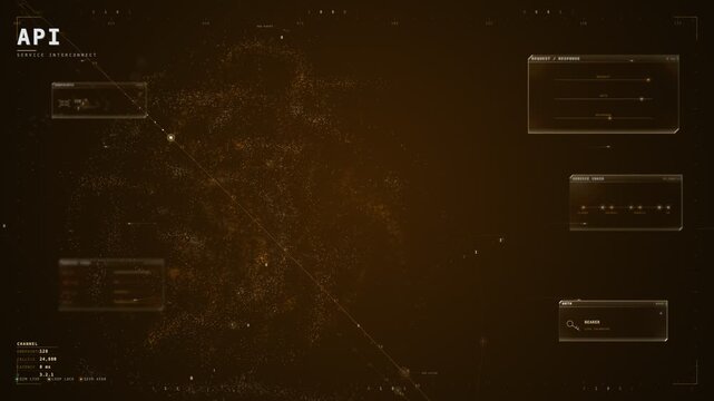 API service interconnect HUD with glowing amber particle cloud