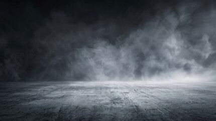 Obraz premium Atmospheric dark concrete floor with dense smoke, dramatic empty studio stage with fog, moody textured stone surface background isolated on White Background