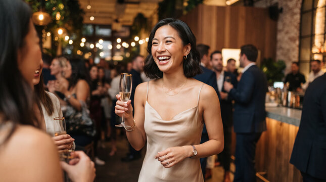 Beautiful Asian Woman Smiling with Glass of Champagne at Cocktail Party