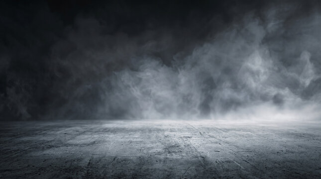 Atmospheric dark concrete floor with dense smoke, dramatic empty studio stage with fog, moody textured stone surface background isolated on White Background