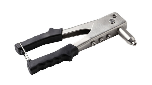 Professional rivet gun with black handles, manual hand riveter for metalwork, industrial fastening tool on white background