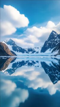 Snow-capped mountains and glacial landscape with reflection in a calm lake