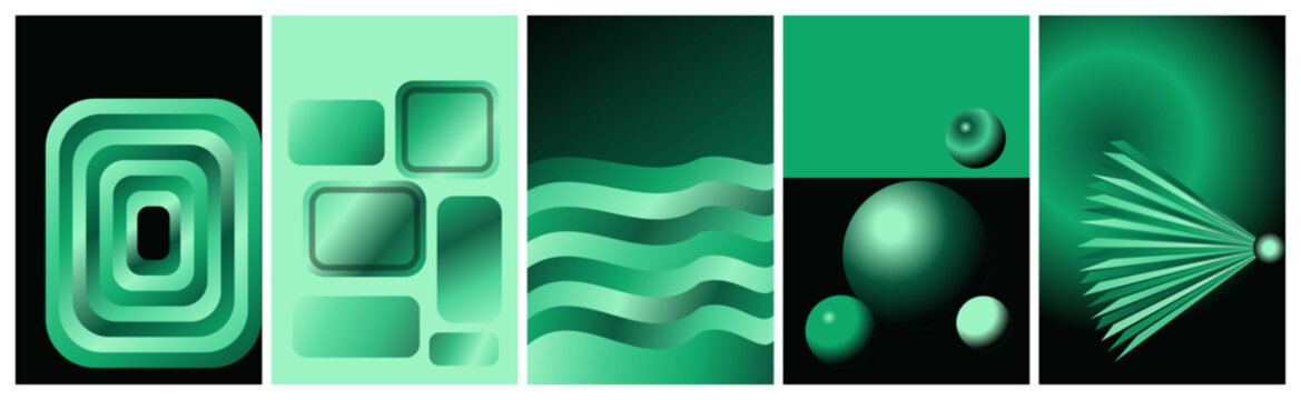 Abstract gradient vector poster set featuring jade portals and geometry. Contemporary templates for brochures, booklets, presentations, banners and modern print design.