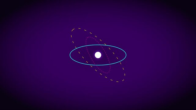 Abstract atomic orbit animation with rotating neon rings and glowing core for science and technology backgrounds 4k