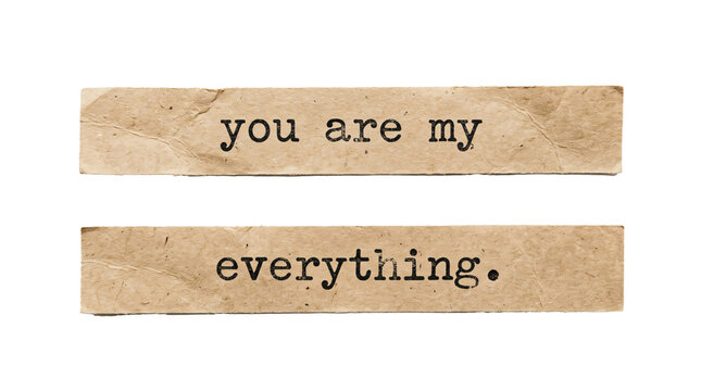 Aged vintage paper strips featuring typewriter font text expressing deep romantic love printed on isolated white on transparent background