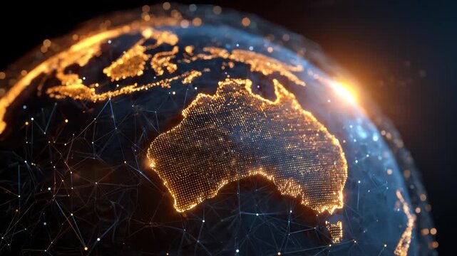 Animated globe with digital networks and glowing connections over australia at sunrise