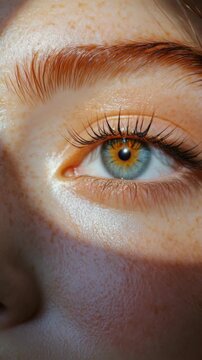 Extreme Close-up of a Blue Eye with Freckled Skin and Red Eyebrows