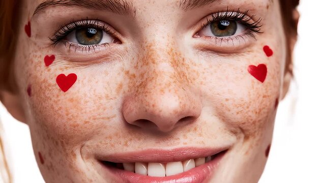 Joyful expressions of a freckled face with red heart accents