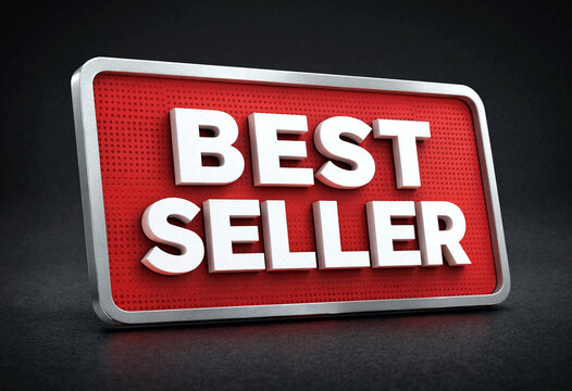 Bright red best seller sign with bold white letters and metallic frame presentation