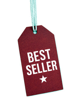 Bright red best seller tag with white text and star isolated for promotions and sales highlights