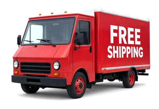 Bright red delivery truck with free shipping sign isolated on transparent background perfect for ads