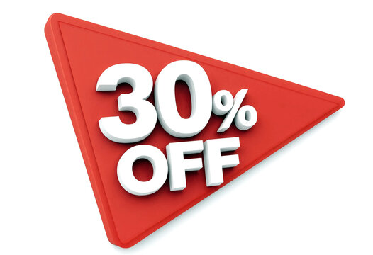 Bright red triangular sale sign with bold white thirty percent off text promotion