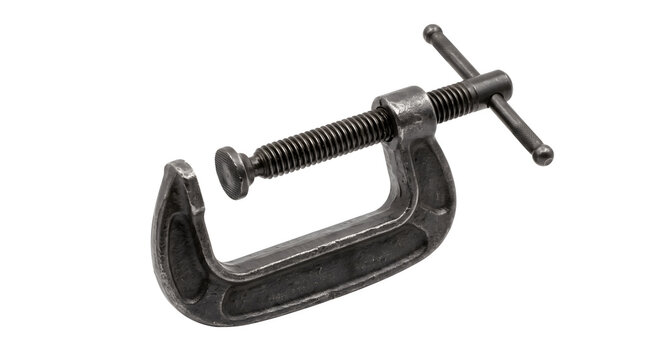 Vintage metal C-clamp tool on white background, heavy duty iron screw clamp for woodworking, industrial steel carpentry equipment