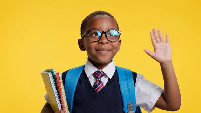 Happy schoolboy wearing glasses and uniform waving hello isolated on yellow background, student child