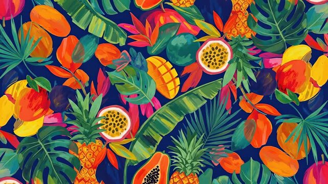 Vibrant tropical fruit and leaf animation with colorful patterns
