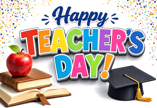 Colorful happy teacher appreciation day celebration with books apple and graduation cap design