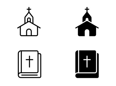Christian church building and holy bible book with cross icon set